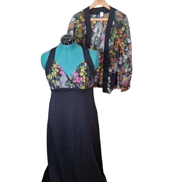 Vintage 70s Black Dayglo Floral Maxi Hostess Dress Sheer Jacket Women Size M/L - Picture 4 of 12